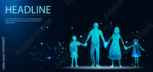 Happy family: mother, father, children son. Vector illustration. Headline. Polygonal wireframe low poly Vector	 photo