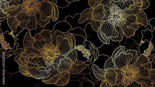Luxury rose golden art deco wallpaper. Nature background vector. Floral pattern with golden flower line art. Vector illustration..