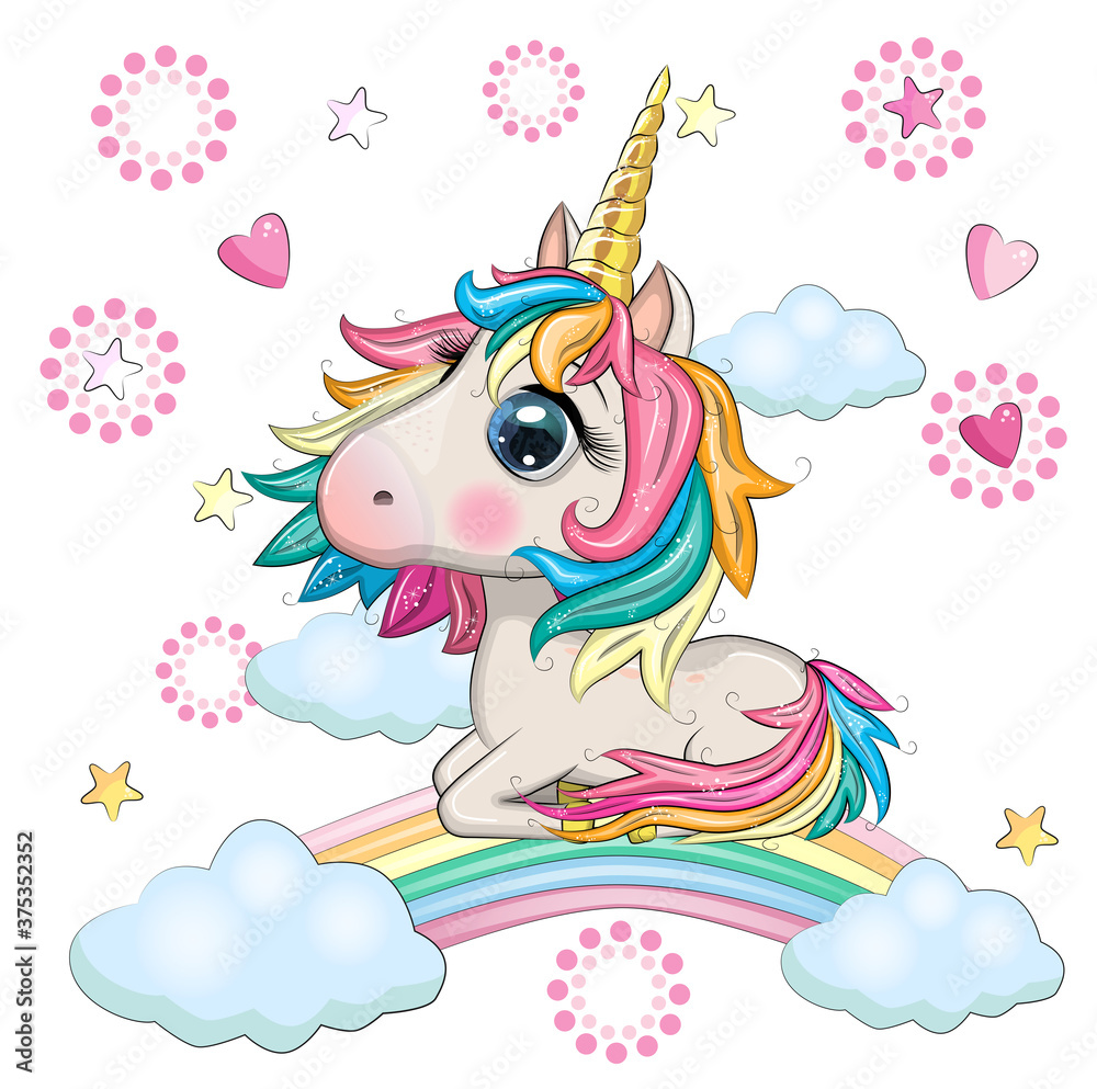 Naklejka premium Cute magical unicorn and rainbow.