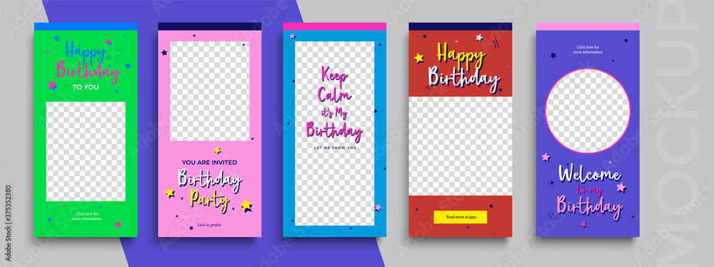 Happy Birthday Instagram stories editable template for social media. Photo overlay with a birthday theme. Streaming. Векторный объект Stock