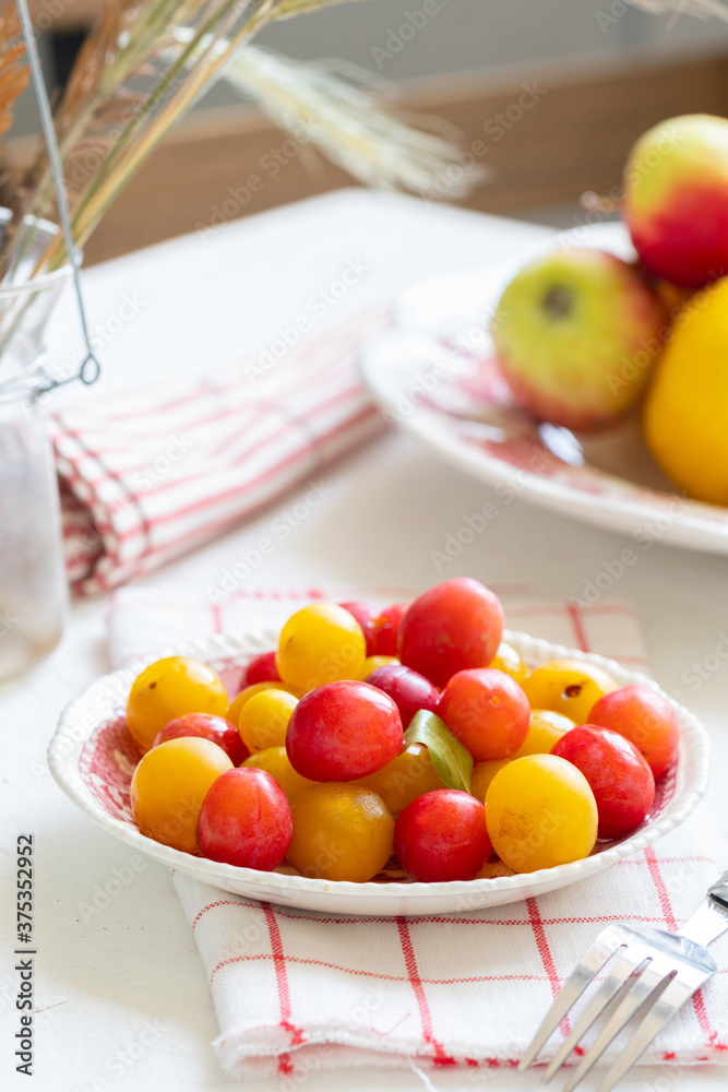 Ripe red and yellow plums and apples on a vintage plate. On light background. Scandinavian style. Ripe red and yellow plums and apples on a vintage plate. On light background. Scandinavian style.