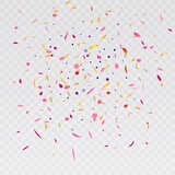 Vector abstract background with many falling tiny colorful confetti pieces and ribbon. Carnival, Christmas or New Year decoration colorful party pennants for birthday , festival