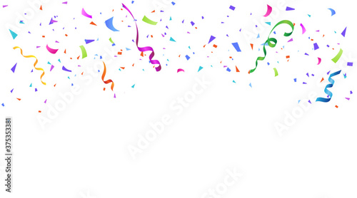 Vector abstract background with many falling tiny colorful confetti pieces and ribbon. Carnival, Christmas or New Year decoration colorful party pennants for birthday , festival