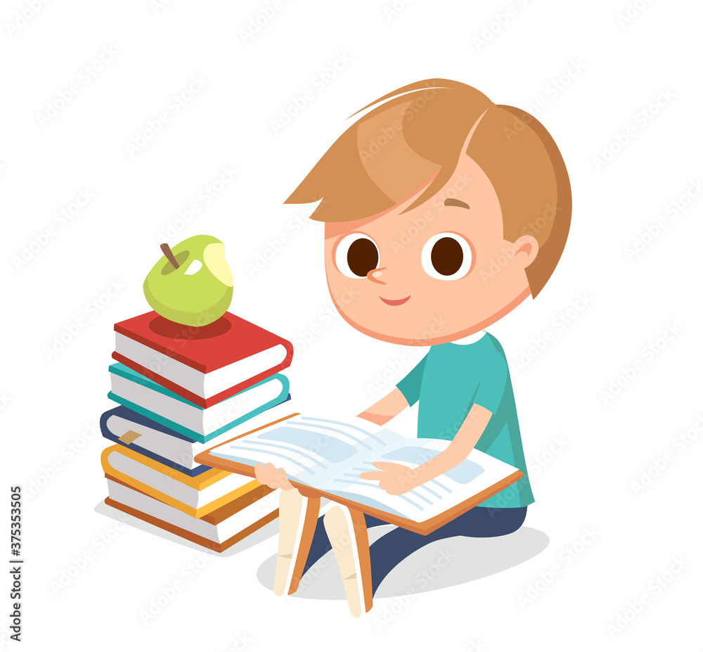 Cute boy sitting and reading book beside near with pile of books. Isolated vector illustration.