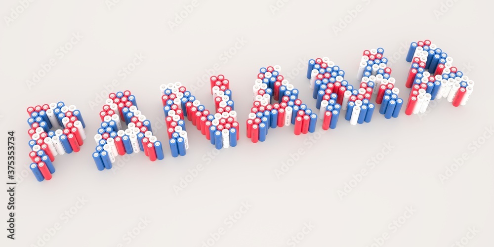 PANAMA text made with many batteries. Electrical technologies related 3d rendering