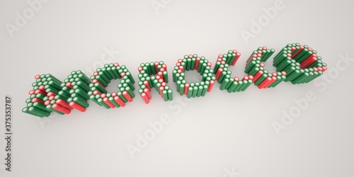 MOROCCO word made with batteries, wide shot. Modern electrical technologies conceptual 3d rendering