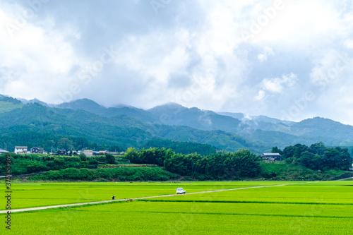 landscape with mountains, clouds and a rice paddy field near Usuki, Japan