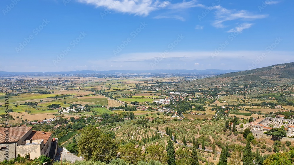Beautiful Tuscan landscape from Cortona, a town in province of Arezzo, Italy.