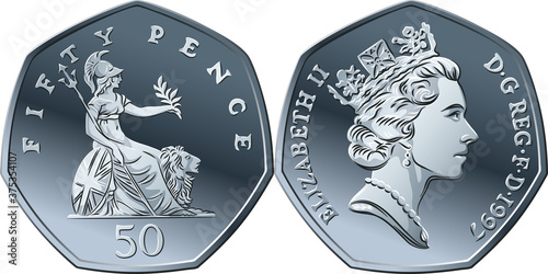 Vector British money silver coin fifty pee or pence, obverse and reverse with seated Britannia alongside lion, with olive branch and trident