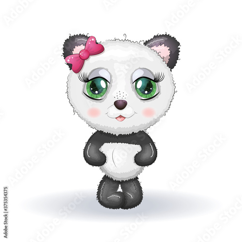 Sitting cute little panda isolated on white background.