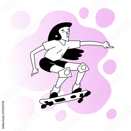 Skateboarding teenager girl. Vintage black and white cartoon spot illustration of female skater. Pink color blob background.