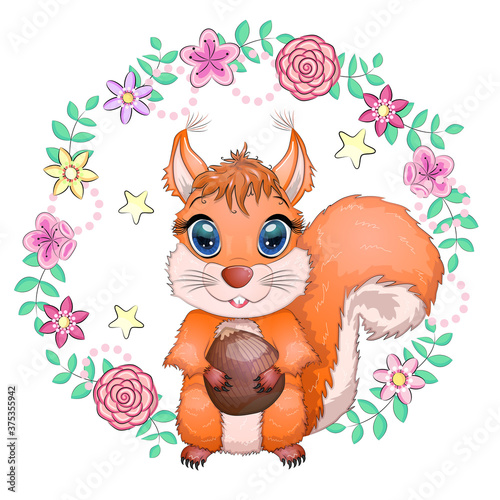 Cute cartoon squirrel with beautiful eyes holds a nut, surrounded by nuts