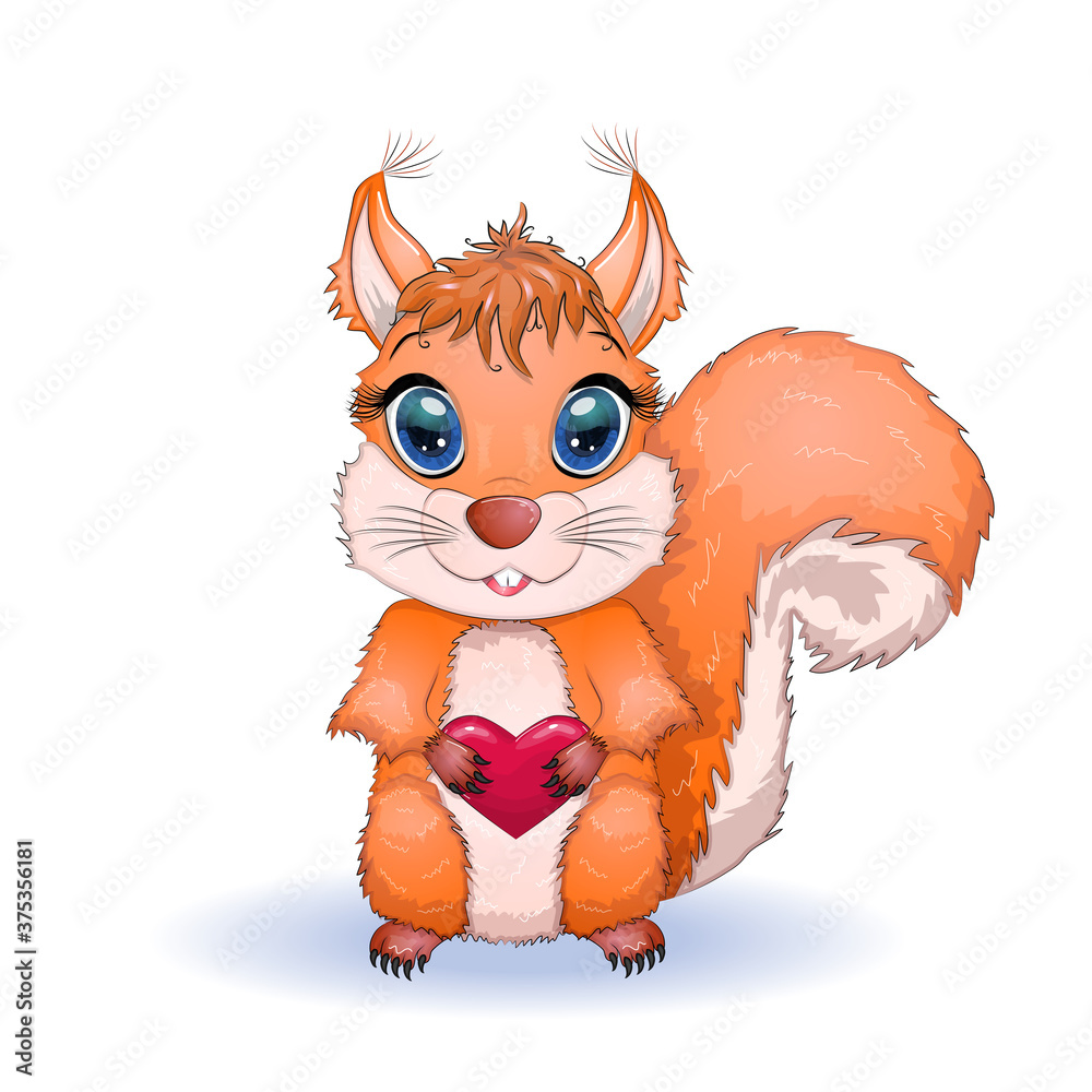 Obraz Cute cartoon squirrel with beautiful eyes holds a heart, love
