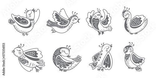 birds with different folk ornaments. scandinavian style. Flat design. Hand drawn vector set. fantasy magic birds
