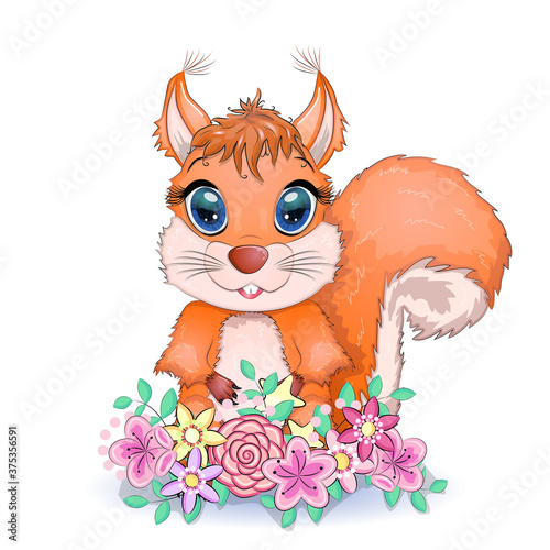 Couple of cute cartoon squirrel with beautiful eyes with flowers, wreath