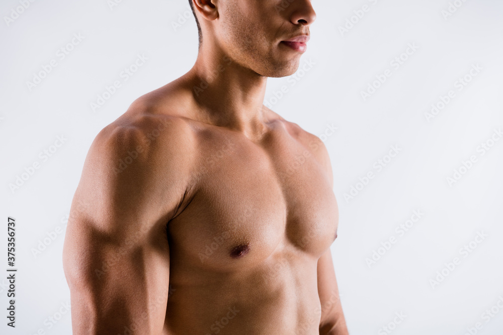 Cropped close-up view portrait of his he nice attractive sportive virile guy ripped shape figure personal trainer coach motivation fighter competitor isolated over light white pastel color background Cropped close-up view portrait of his he nice attractive sportive virile guy ripped shape figure personal trainer coach motivation fighter competitor isolated over light white pastel color background