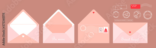 Post card set vector. Envelopes with post stamps for website, app, chat, print. Valentine letter design. Correspondence between friends, lovers.