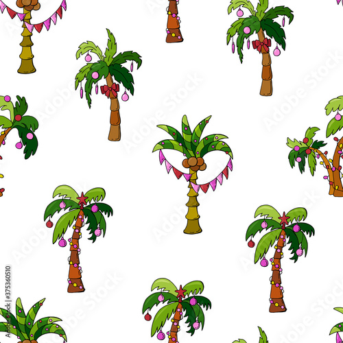 Exotic New Year. Seamless pattern of garlands decorated with palm trees in a hand-drawn style. White background, isolator. Design for wallpaper, packaging, fabric, textile, wrapping paper.