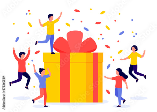 Gift box and group of happy people. Reward, prize, giveaway, bonus. Referral program. Vector illustration