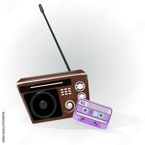 
Transistor Receiver and Disco Cassette.
Retro music technique. Vector.
