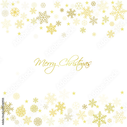 Gold Christmas snowflakes background. Winter golden snow minimal frame decoration on white  greeting card. New Year Holidays subtle backdrop. Noel Vector illustration