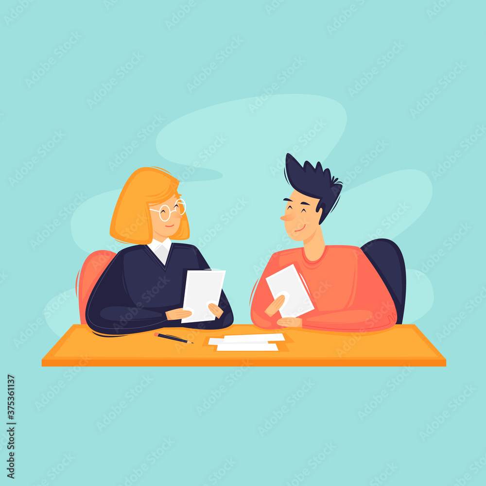 Business consultant, a woman consults a man. Bank. Flat design vector illustration.