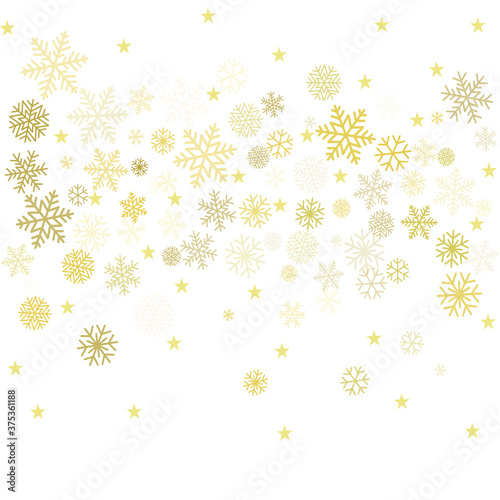 Gold Christmas snowflakes background. Winter golden snow minimal frame decoration on white, greeting card. New Year Holidays subtle backdrop. Noel Vector illustration