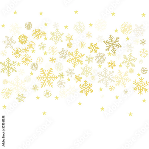 Gold Christmas snowflakes background. Winter golden snow minimal frame decoration on white, greeting card. New Year Holidays subtle backdrop. Noel Vector illustration