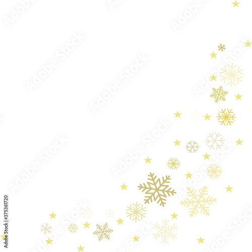 Gold Christmas snowflakes background. Winter golden snow minimal frame decoration on white, greeting card. New Year Holidays subtle backdrop. Noel Vector illustration