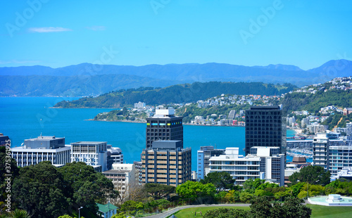 Wellington CBD and Wellington Harbour as seen from a high view point on a bright sunny day. Green mountains and quiet suburbian ares in the background. Wellington, New Zealand.