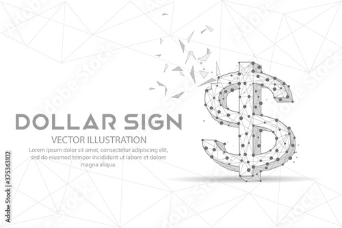 Dollar sign digitally drawn low poly wire frame on white background.