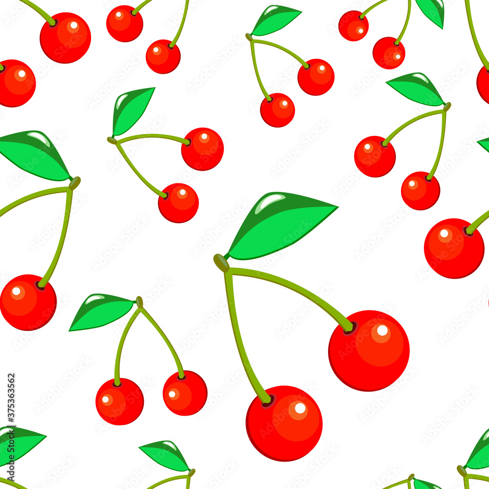 Vector illustration of red cherries pattern with leaf on white isolated background Vector illustration of red cherries pattern with leaf on white isolated background