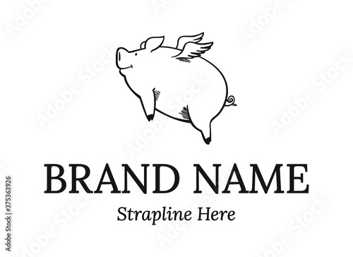 Flying pig with wings in black and white. Vector logo/illustration.