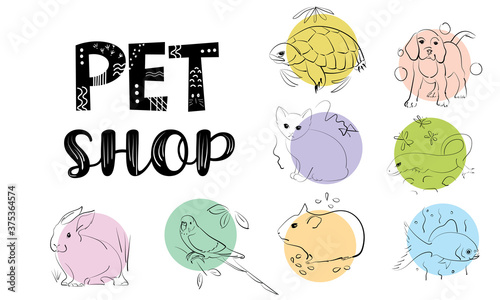 Pet shop set of icons and logo. Isolated illustrations in a pet sketch style for the design of a product store, pet food, or veterinary clinic.