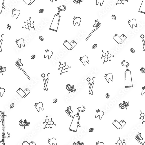 Dental care seamless pattern with teeth, toothbrush, toothpaste, medical equipment. Modern outline vector illustration. Health care background for dentistry clinic, branding, advertisement
