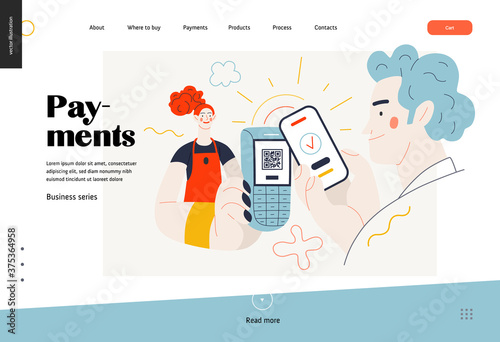 Business topics -payment, web template, header. Flat style modern outlined vector concept illustration. Waitress holding pos-terminal. A customer paying with phone, scanning QR code. Business metaphor