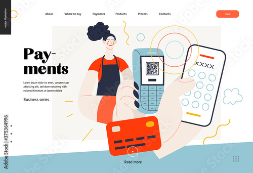 Business topics - payment, web template, header. Flat style modern outlined vector concept illustration. A waitress holding a pos-terminal. A customer paying with pin code on phone. Business metaphor.