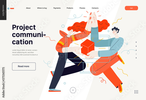 Business topics - project communication, web template. Flat style modern outlined vector concept illustration. A young man and woman giving five, holding a box together. Business metaphor.