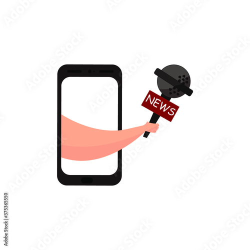 An illustration of a hand holding a microphone from a smartphone. Interview concept. 