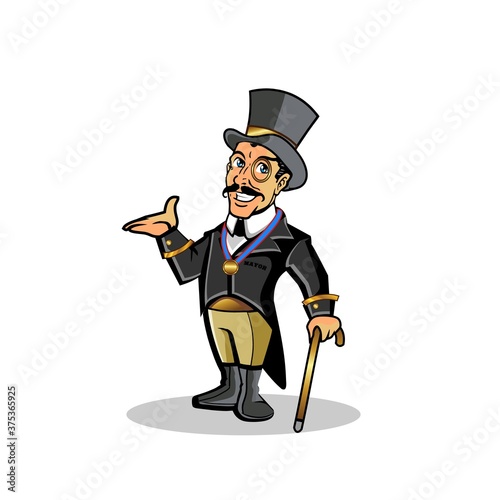 Smiling Mayor Mascot Illustration Top Hat Fancy Men Suit One Eye Glasses and Mustache