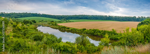 panoramic view of agricultural land and the lake, cereal field from above