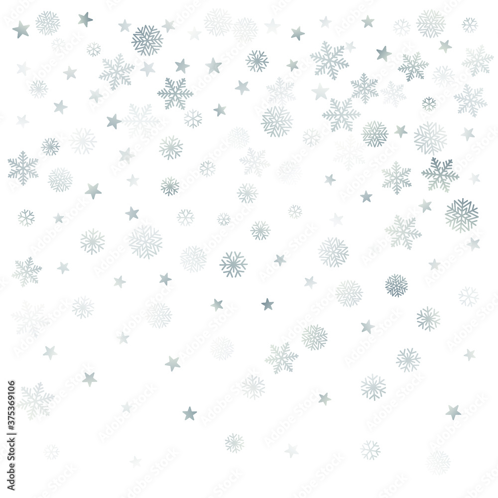 Silver Christmas snow background. Winter snowflakes subtle frame decoration on white, greeting card. New Year Holidays subtle backdrop. Noel Vector illustration