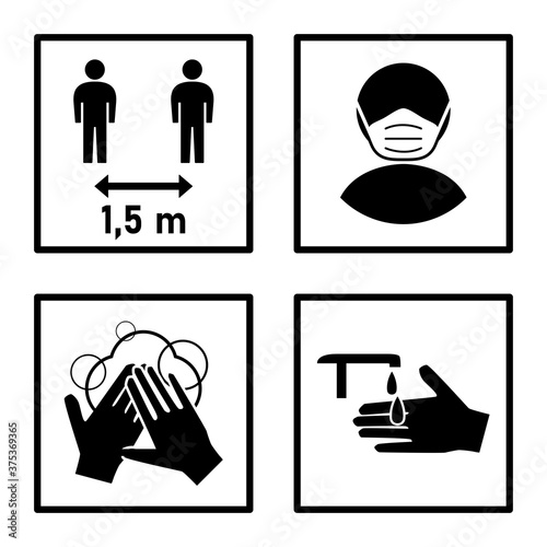 Set of Measure or Instruction Icons against the Spread of Coronavirus Covid-19, including Keep Your Distance 1,5 Metres, Wear a Face Mask, Wash Your Hands and Sanitize Your Hands. Vector Image.