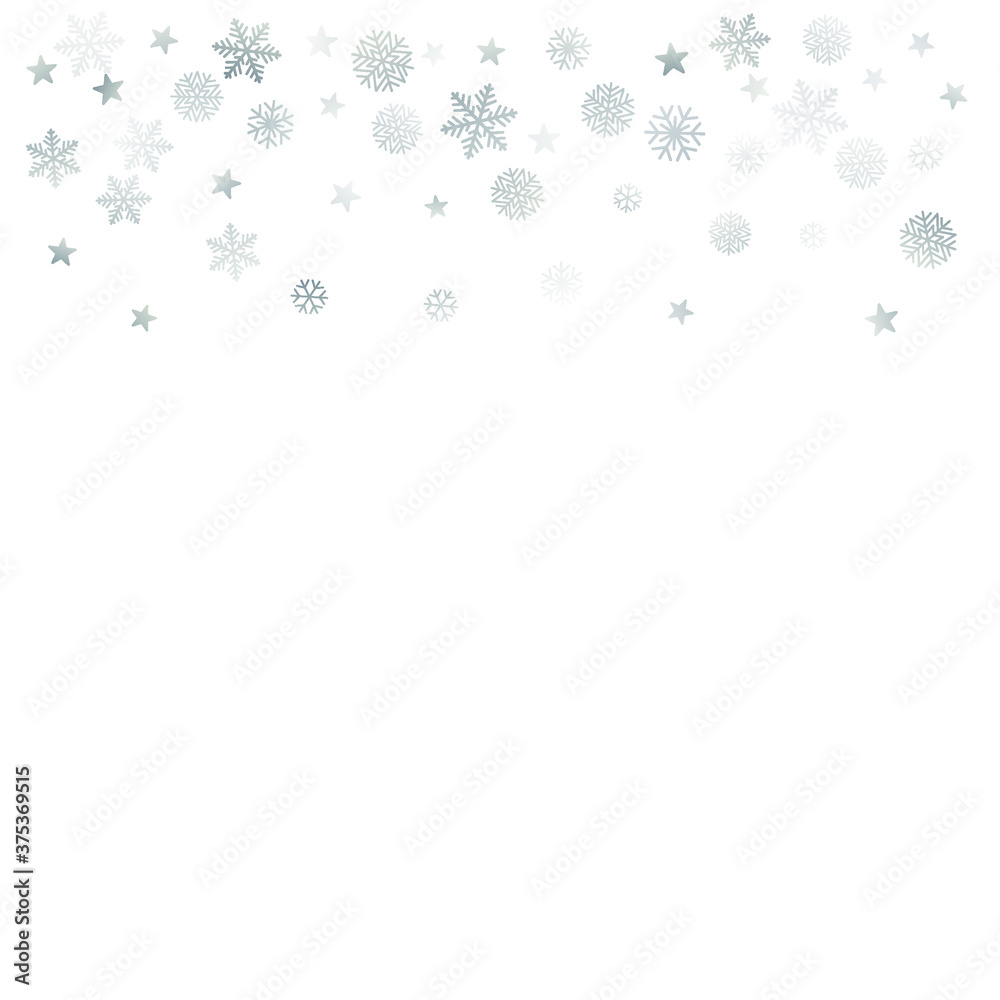 Silver Christmas snow background. Winter snowflakes subtle frame decoration on white, greeting card. New Year Holidays subtle backdrop. Noel Vector illustration Silver Christmas snow background. Winter snowflakes subtle frame decoration on white, greeting card. New Year Holidays subtle backdrop. Noel Vector illustration