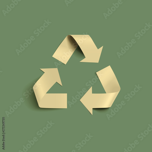 Vector recycle icon made with cutted yellow paper arrows with realistic shadow on green background.