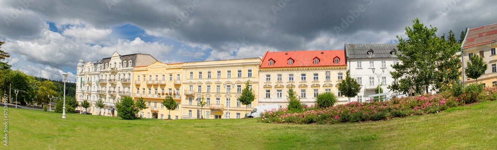 Panorama view - Goethe Square in small Czech spa town Mariánské Lázně (Marienbad) - Czech Republic Panorama view - Goethe Square in small Czech spa town Mariánské Lázně (Marienbad) - Czech Republic