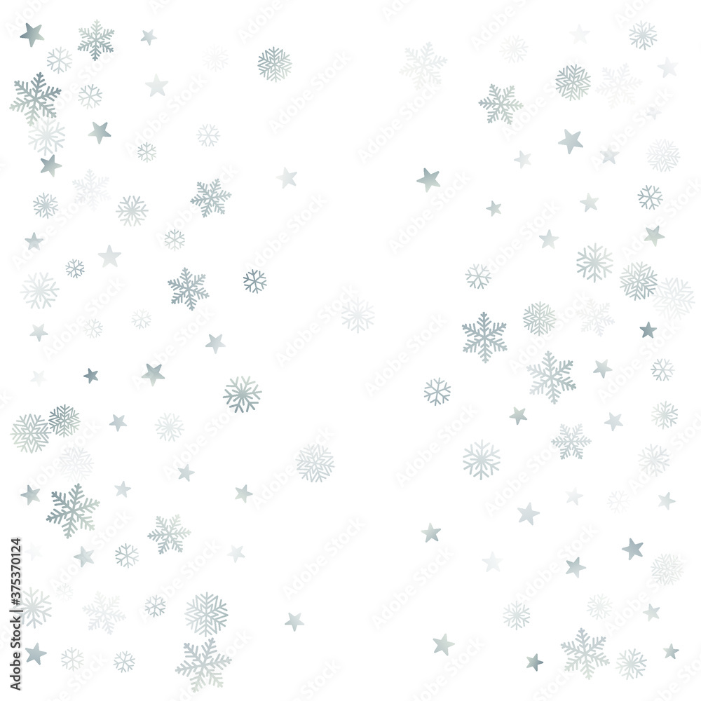Silver Christmas snow background. Winter snowflakes subtle frame decoration on white, greeting card. New Year Holidays subtle backdrop. Noel Vector illustration Silver Christmas snow background. Winter snowflakes subtle frame decoration on white, greeting card. New Year Holidays subtle backdrop. Noel Vector illustration