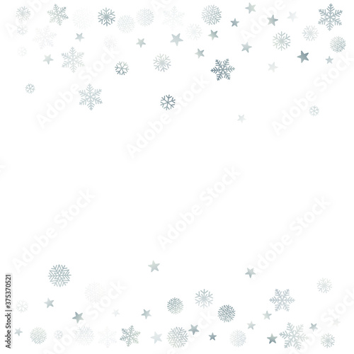 Silver Christmas snow background. Winter snowflakes subtle frame decoration on white  greeting card. New Year Holidays subtle backdrop. Noel Vector illustration
