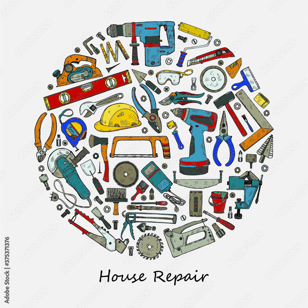 Round composition with house repair tools including: hammer, sledgehammer, spatula, brush, nail, screw, nut, wrench  and other tools. Hand drawn vector collection