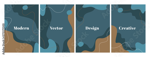 Set of stylish templates with organic abstract shapes and line in dark blue colors. Modern background in minimalist style. Contemporary vector Illustration